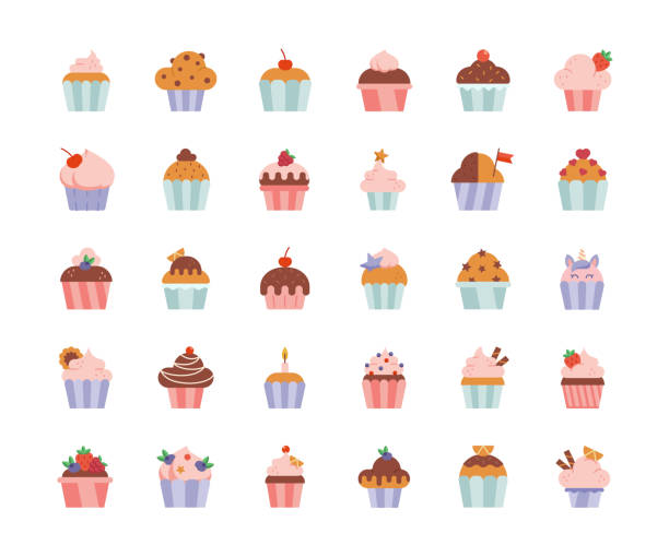 ilustraciones, imágenes clip art, dibujos animados e iconos de stock de iconos de diseño plano de cupcakes. - muffin cupcake cake chocolate