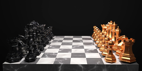 Chess pieces on a chess board. 3D render illustration.