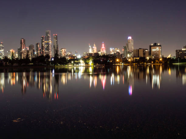istock Urban skyline night reflections on lake 1453864924