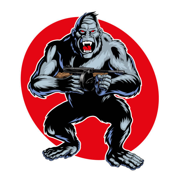 ilustraciones, imágenes clip art, dibujos animados e iconos de stock de gorila con una pistola tommy. simio o mono sosteniendo una metralleta thompson. ilustración vectorial. - tommy gun