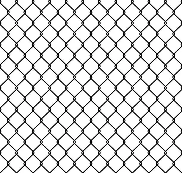 Vector illustration of Steel wire chain link fence seamless pattern. Metal lattice with rhombus, diamond shape silhouette. Grid fence background. Prison wire mesh seamless texture. Vector illustration on white background