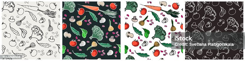 istock Seamless patterns set with vegetables, beans and greens for surface design, posters, illustrations. Healthy foods theme 1453868406