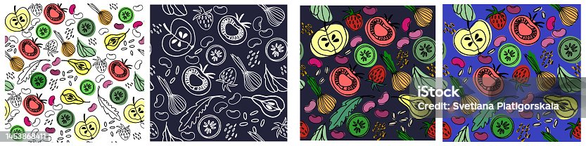 istock Seamless patterns set with vegetables, beans and greens for surface design, posters, illustrations. Healthy foods theme 1453868411