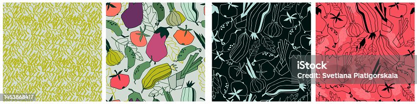 istock Seamless patterns set with vegetables, beans and greens for surface design, posters, illustrations. Healthy foods theme 1453868417