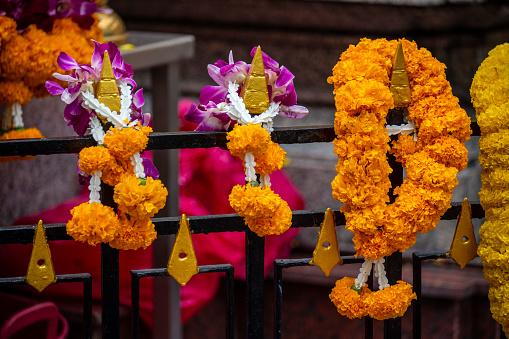 Marigold wreaths as offerings at a Buddhist shrine in Thailand.
