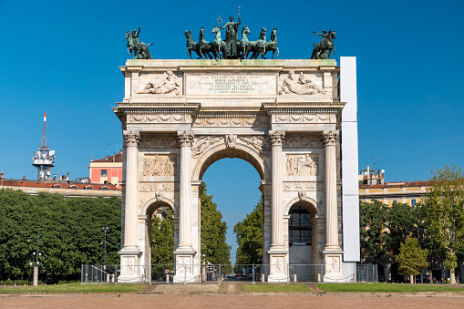 Bucharest, Romania, 3 April 2021: Arcul de Triumf (The Arch Of Triumph) is a triumphal arch and landmark, located in the Northern part of the city on Kiseleff Road near King Michael I (Herastrau) Park