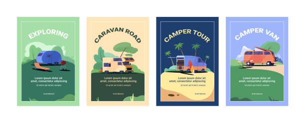 illustrazioni stock, clip art, cartoni animati e icone di tendenza di poster da campeggio piatto con camper, sedia e tavola da surf - camping picnic mountain vector