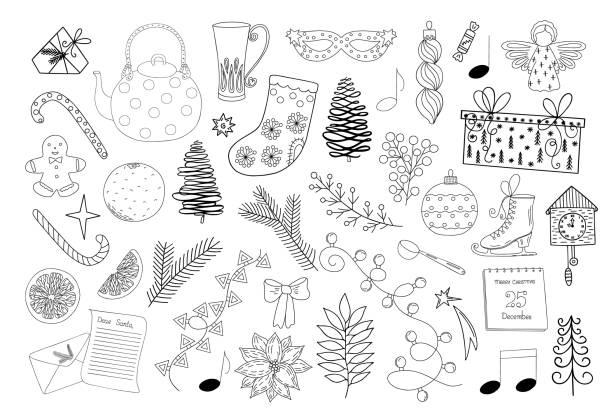 istock Christmas elements set teapot, skates, stocking, gift, letter to santa, gingerbread, fir-tree, garland, decoration hand drawn outline doodle for winter holiday greeting card, invitation, banner, decor 1453878063