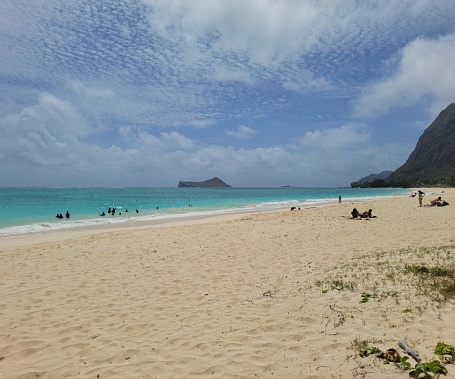 Lifestyle Beach goers on Waimanalo Beach on Oahu Hawaii island