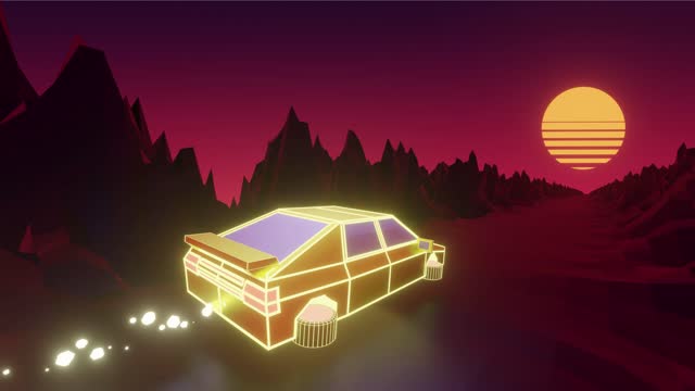 Looping Retro Vaporwave Style Flying Car with Particle Light trail on Grid Landscape and Sunset Background Rear Side View 3D Animation Stock Video