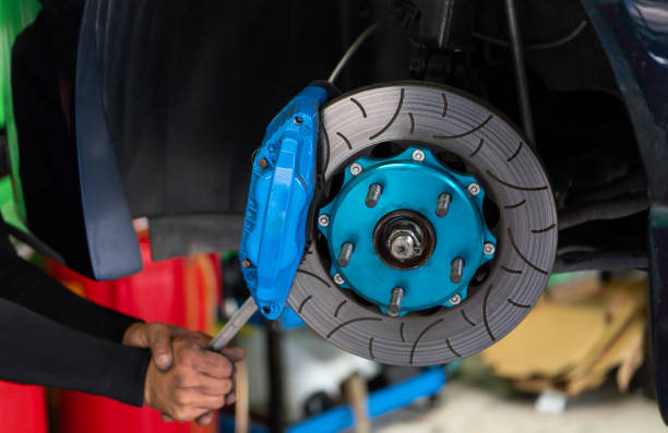 istock Checking car brake system for repair at car garage 1453887367