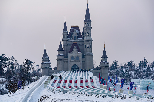 Small children's maze covered in frost.  This is a semi circular pattern viewed from the outskirts of the maze.