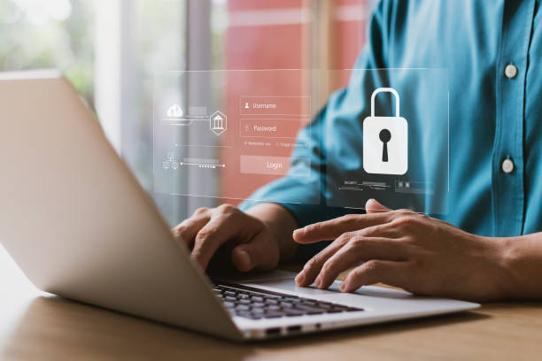 cybersecurity and privacy concepts to protect data. lock icon and internet network security technology. businessmen protecting personal data on laptop and virtual interfaces. - ciber segurança imagens e fotografias de stock