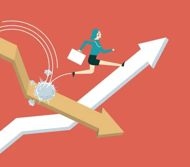 Vector illustration of Jumping from falling arrow to rising arrow - Businesswoman - Illustration