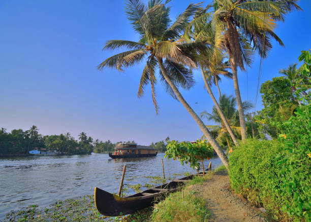 ein fischerboot, das in den backwaters von allepey in kerala geparkt ist. - allepey stock-fotos und bilder