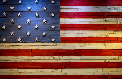 American Flag on wood texture, Full frame