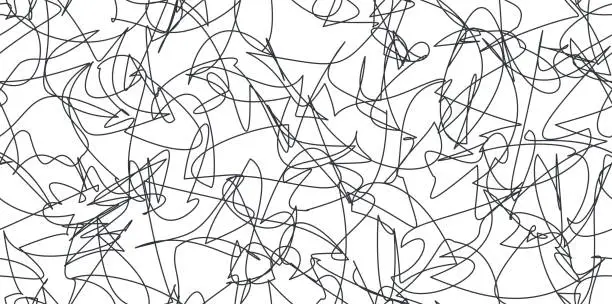 Vector illustration of Minimalist abstract artwork of black pencil scribbles. Irregular pen strokes on paper or white background. Describes expressions of confusion, anger, or feelings of stress. For textures or wallpaper.