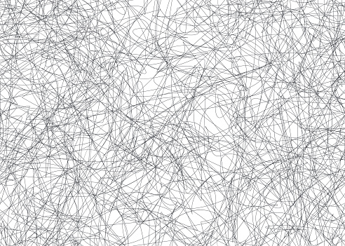 Minimalist abstract artwork of black pencil scribbles. Irregular pen strokes on paper or white background. Describes expressions of confusion, anger, or feelings of stress. For textures or wallpaper.