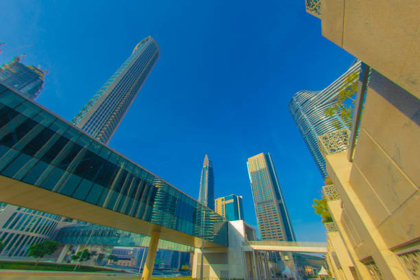 Dubai morning ray and high-rise buildings (United Arab Emirates). Shooting Location: Dubai