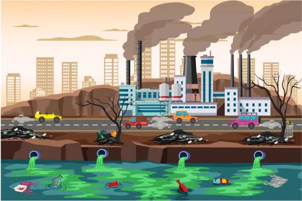 Vector illustration of Air, water and soil pollution by industrial production,  environmental pollution