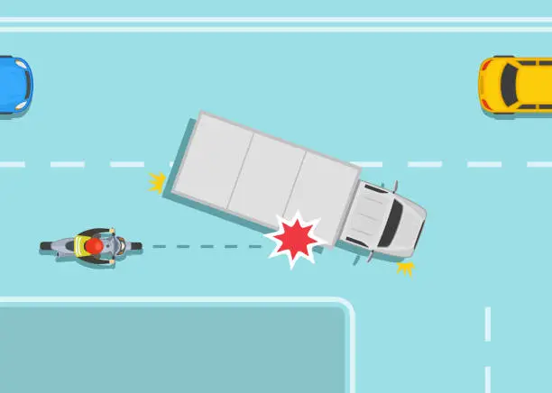 Vector illustration of Right turn truck and motorcycle collision. Changing lane heavy vehicle and moto accident.