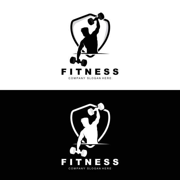 logo siłowni, wektor logo fitness, projekt odpowiedni do fitness, sprzęt sportowy, zdrowie ciała, marki produktów suplementów ciała - health club gym young men dumbbell stock illustrations