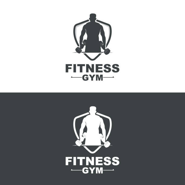 ilustrações de stock, clip art, desenhos animados e ícones de gym logo, fitness logo vector, design suitable for fitness, sports equipment, body health, body supplement product brands - health club gym young men dumbbell