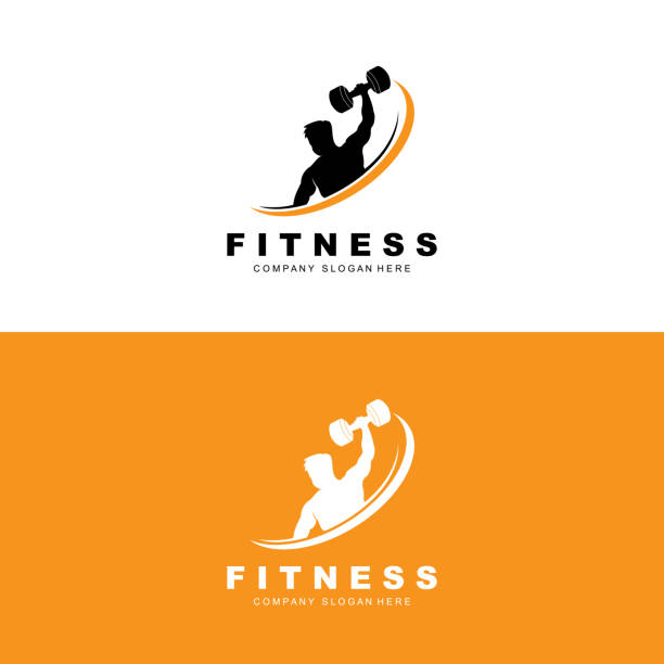 logo siłowni, wektor logo fitness, projekt odpowiedni do fitness, sprzęt sportowy, zdrowie ciała, marki produktów suplementów ciała - health club gym young men dumbbell stock illustrations