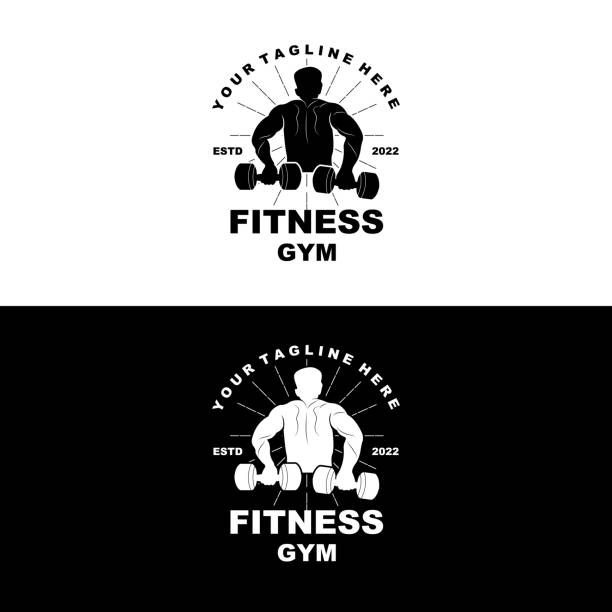 logo siłowni, wektor logo fitness, projekt odpowiedni do fitness, sprzęt sportowy, zdrowie ciała, marki produktów suplementów ciała - health club gym young men dumbbell stock illustrations