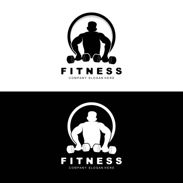 logo siłowni, wektor logo fitness, projekt odpowiedni do fitness, sprzęt sportowy, zdrowie ciała, marki produktów suplementów ciała - health club gym young men dumbbell stock illustrations