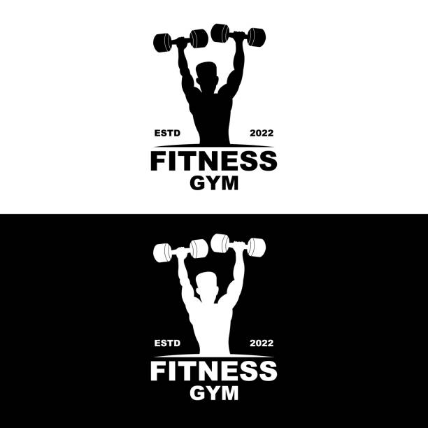 ilustrações de stock, clip art, desenhos animados e ícones de gym logo, fitness logo vector, design suitable for fitness, sports equipment, body health, body supplement product brands - health club gym young men dumbbell