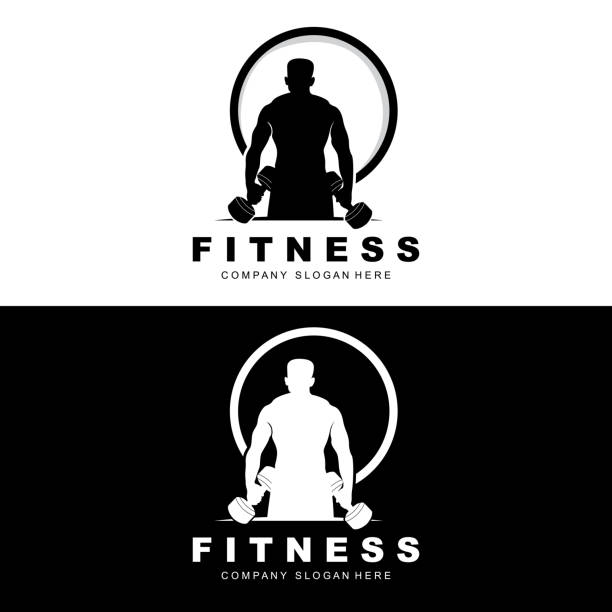 logo siłowni, wektor logo fitness, projekt odpowiedni do fitness, sprzęt sportowy, zdrowie ciała, marki produktów suplementów ciała - health club gym young men dumbbell stock illustrations