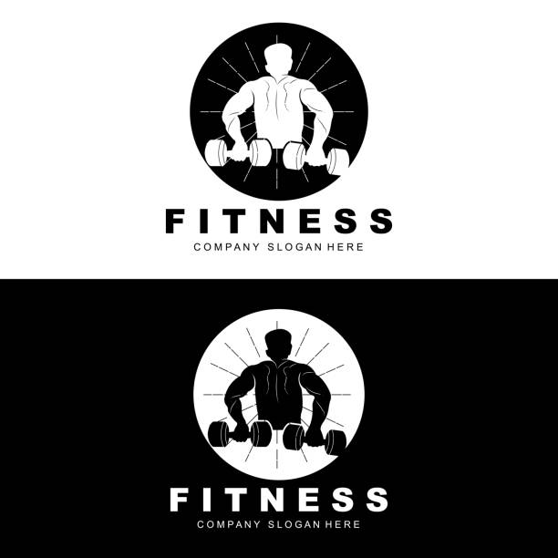 logo siłowni, wektor logo fitness, projekt odpowiedni do fitness, sprzęt sportowy, zdrowie ciała, marki produktów suplementów ciała - health club gym young men dumbbell stock illustrations