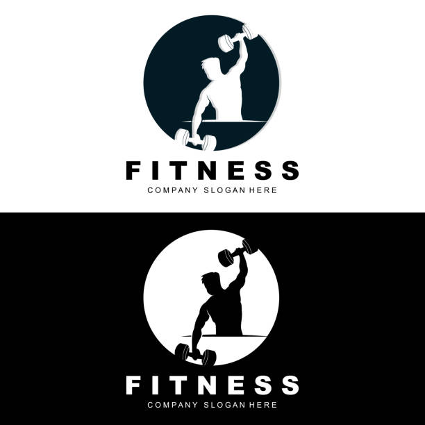 logo siłowni, wektor logo fitness, projekt odpowiedni do fitness, sprzęt sportowy, zdrowie ciała, marki produktów suplementów ciała - health club gym young men dumbbell stock illustrations