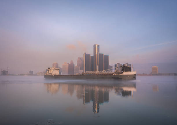 Aerial view of Detroit downtown from Detroit river