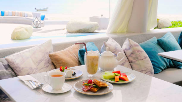 istock Served breakfast in outdoors cafe with sea view, hotel sweet lunch 1453905765