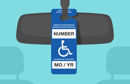 Handicap placard on a car rear view mirror. Disabled parking permit identification card. Flat vector illustration template.