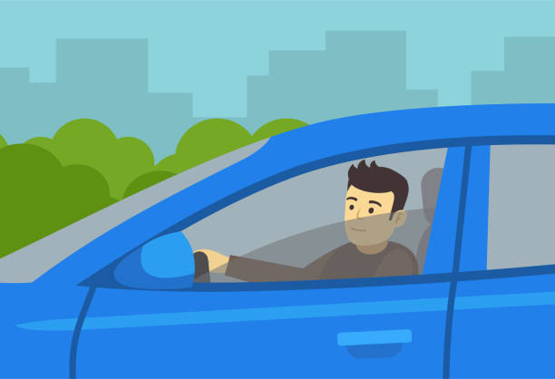 若い男性運転手が開いた運転席の窓から覗いている。キャラクターはフロントの運転席のサイドウィンドウを転がり落ちて外を見ます。 - car driving front view cartoon点のイラスト素材／クリップアート素材／マンガ素材／アイコン素材