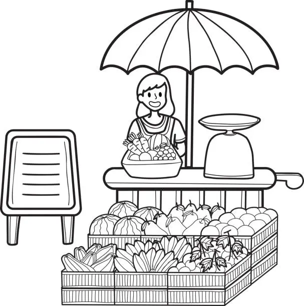 Vector illustration of Hand Drawn Street Food fruit stall illustration