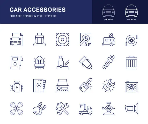 Vector illustration of Car Accessories Line Icons. This icon set consists of Car Stereo, Spare Part, Vehicle Part, Car Seat, Remote Keys, Air Purifier and so on.