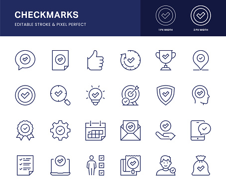 Check Mark Vector Line Icons. This icon set consists of Trophy, Document, Speech Bubble, Thumbs Up, Location Pin and so on. Pixel Perfect, 2 pixel icons placed on a 64 x 64 pixel grid.