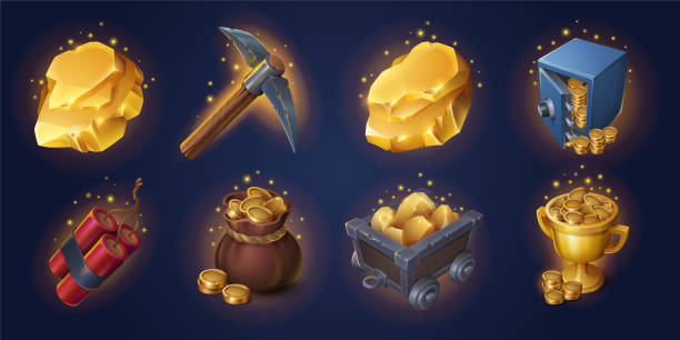 koleksi alat peraga game penambangan emas di latar belakang - tambang emas ilustrasi stok