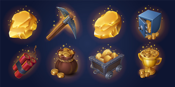 Gold mining game props collection isolated on background. Set of cartoon dynamite, pickaxe, sparkling coins in sack, cart with precious metal, safe and cup full of money. Vector ui design elements