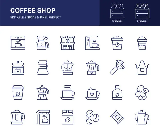 Vector illustration of Coffee Line Icons. This icon set consists of Coffee Maker, Coffee Cup, Coffee Bean, Moka Pot, Coffee Grinder and so on.