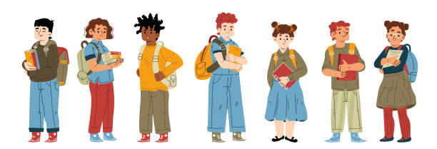 School students, pupils studying together School students, cute children with backpacks and books. Diverse boys and girls, pupils studying together, classmates isolated on white background, vector flat illustration junior high age stock illustrations