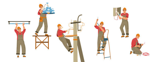 illustrations, cliparts, dessins animés et icônes de électricien, agent d’entretien en casque - agent dentretien