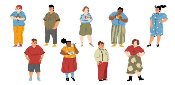 ilustrações, clipart, desenhos animados e ícones de conjunto de pessoas gordas, corpo positivo, alimentação pouco saudável - modelo plus size