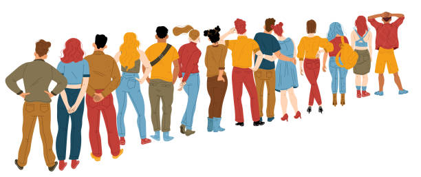 People queue from behind, characters stand in line People queue from behind, male and female characters stand in line back view. Men and women wait in shopping mall, supermarket, atm, airport registration desk, Cartoon linear flat vector illustration education registration event stock illustrations