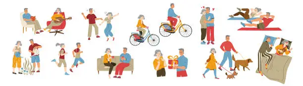 Vector illustration of Active elderly characters hobby senior people life