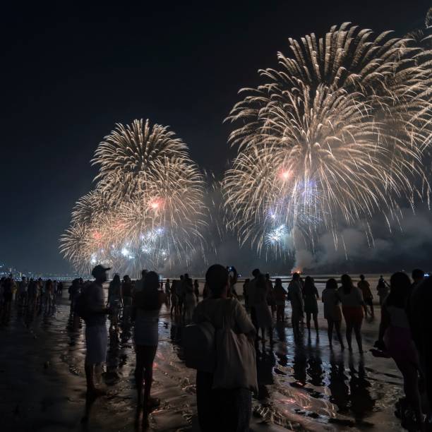istock Fireworks on the beach. People watching watching the explosion of fireworks during the celebration of the new year. 1453908961